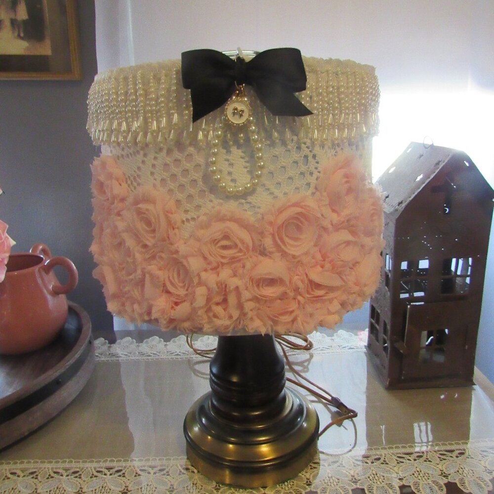 SHABBY CHIC FRENCH STYLE LAMP SHADE PINK + PEARLS + FLOWERS 11 x 9"